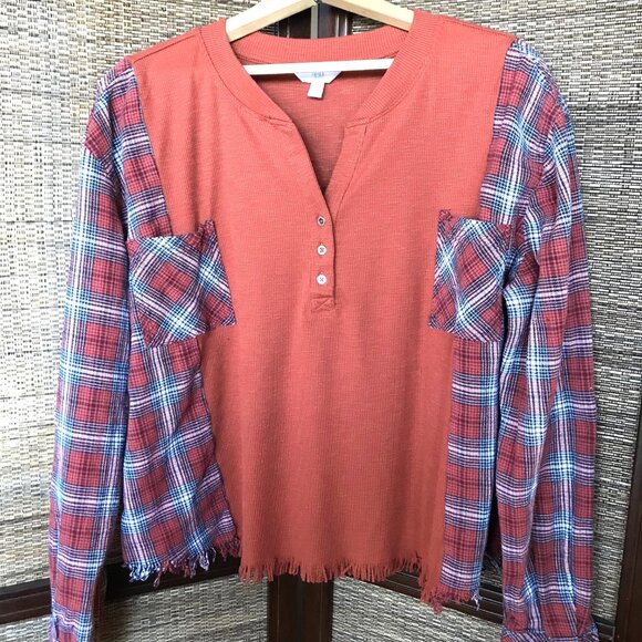 Reworked Flannel Shirt, M-L: Upcycled Oversized Rust Waffle Knit Top, Fringy Hem - Picture 11 of 13